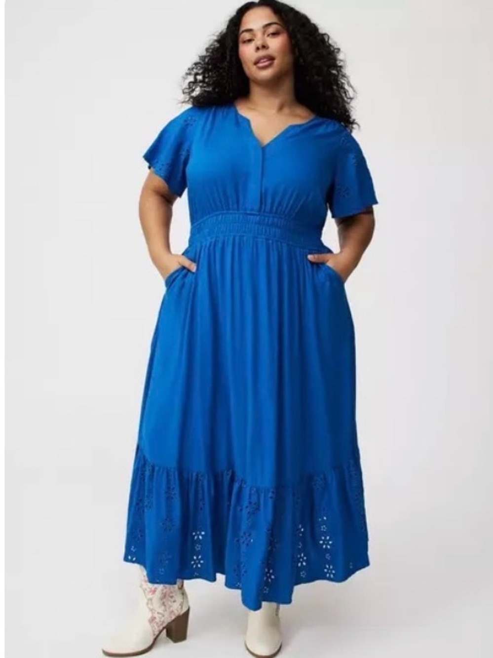 NWT Torrid Royal Blue Y-Neck Short Sleeve Maxi Dress with Eyelet Hem